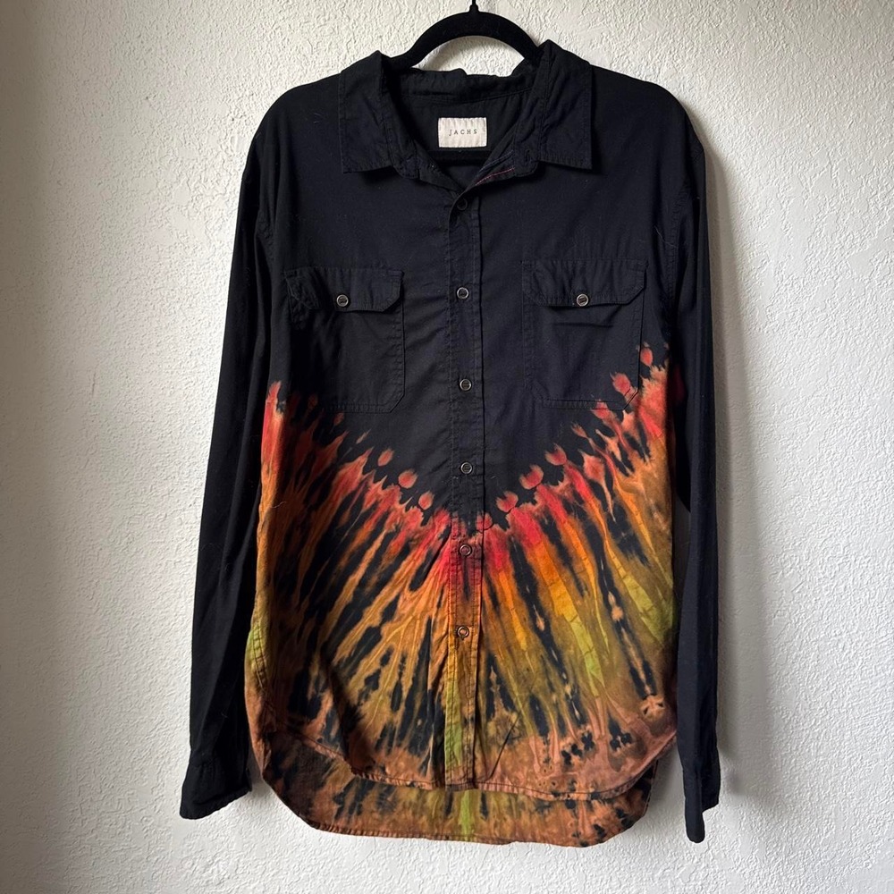Jachs Mens Black Multi Color Tie Dye Button Up Shirt Large Boho Festival Punk